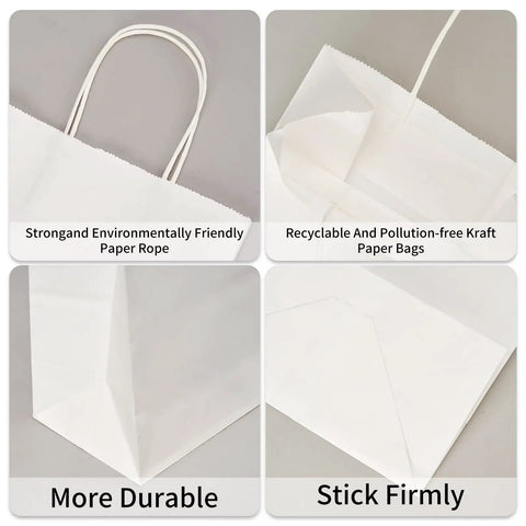 Close-up view of white kraft paper bags with strong handles and durable construction for sustainable use.