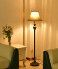 Three Piece Living Room Lamp Set With Vintage Table And Floor Lamps, Sturdy Iron Bases And Brown Fabric Shades, Art Deco Inspired Style