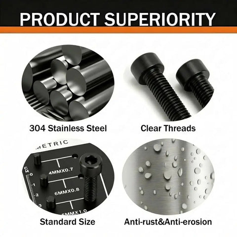 304 Stainless Steel Heavy Duty M2.5 X 6MM Socket Head Cap Screws showcased with anti-rust features and clear threads.