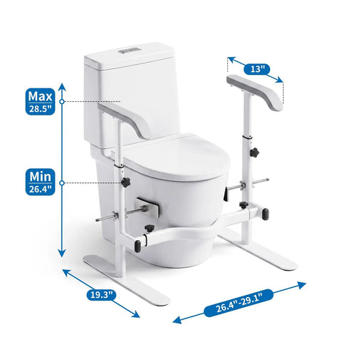 Built Tough Toilet Safety Rails For Seniors With No Wobble Stability And Wide Anti Slip Base For Tile Or Hardwood Floors Straightforward Setup Handicap Support Frame measuring 26.4 to 29.1 inches.