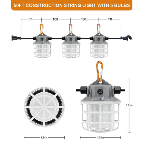 Image showing 50Ft LED Construction String Lights 75W 7500LM Industrial Grade Work Lights with 5 bulbs and dimensions.