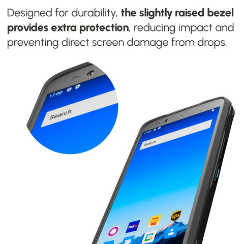 Close-up of Rugged Android 12 Barcode Scanner Handheld Mobile Computer With Octa Core 2.0GHz 6.0 Inch Touch Screen showing raised bezel design.