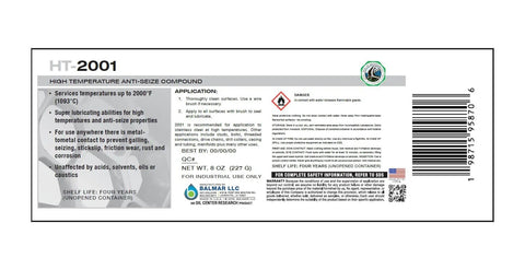 Product label for High Temp Anti Seize Lubricant For Metal-To-Metal Contact Up To 2000F, Copper-Free, Non-Corrosive, 8 oz