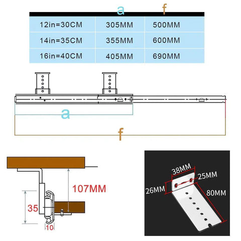Dimensions and diagrams of Full Extension Ball Bearing Drawer Runners For Under Desk Keyboard Shelf, 107mm high, 350mm long