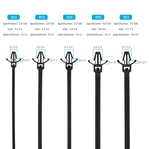 Heavy Duty Six Inch Nylon Cable Ties One Hundred Pack featuring various hole sizes for secure auto wiring and home projects.