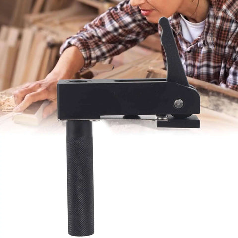Pro Grade Adjustable Aluminum Toggle Clamp for Woodworking, 60mm Clamping Height, black handle, next to person working with wood