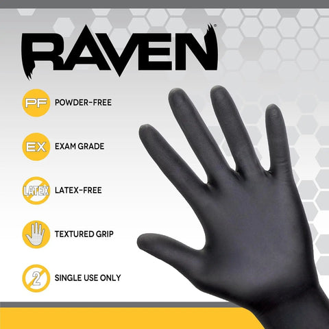 Raven Powder Free Nitrile Disposable Gloves X Large 7 Mil Thick Pack Of 100 Black Ambidextrous Exam Grade All Day Tough Hand Protection