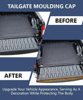 Before and after of tailgate spoiler cap molding for Dodge Ram 2500 3500 2019 2024 Textured Black Replacement shown installed.