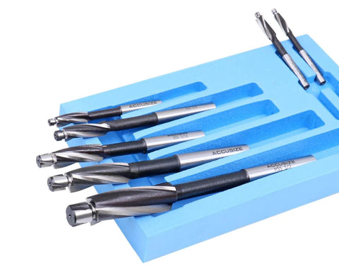 H.S.S. Solid Cap Screw Counterbore Set, 7 Piece, 3 Flute, Straight Shank, Inch Size Counterbores, precision milling tools in foam tray