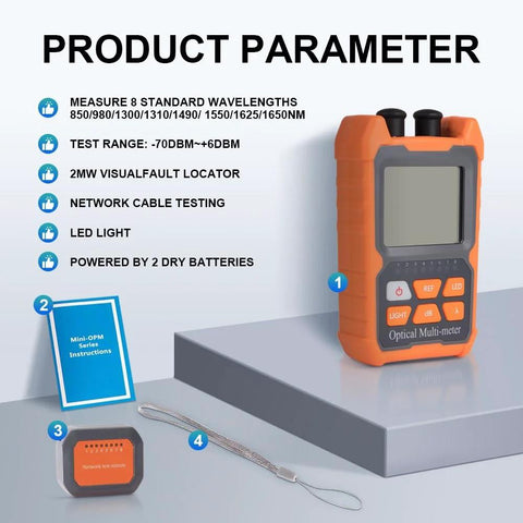 OFCN Mini 4-in-1 portable optical power meter with visual fault locator, orange handheld front view