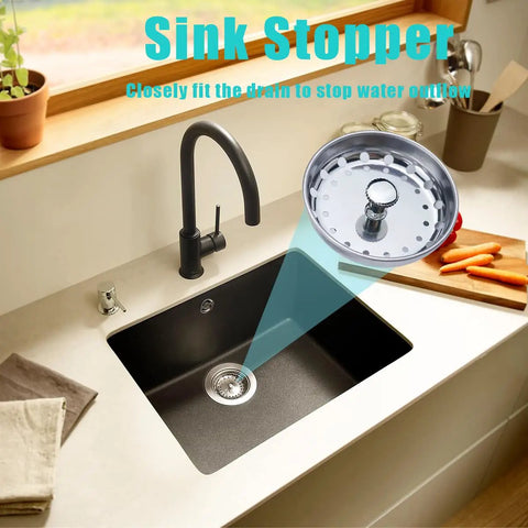 Universal Three In One Kitchen Sink Stopper Strainer Set With Stainless Steel Basket Drain Filter Perforated Sieve For Three And A Half Inch Drains Anti Clogging Easy Fit Keeps Water In Traps Scraps