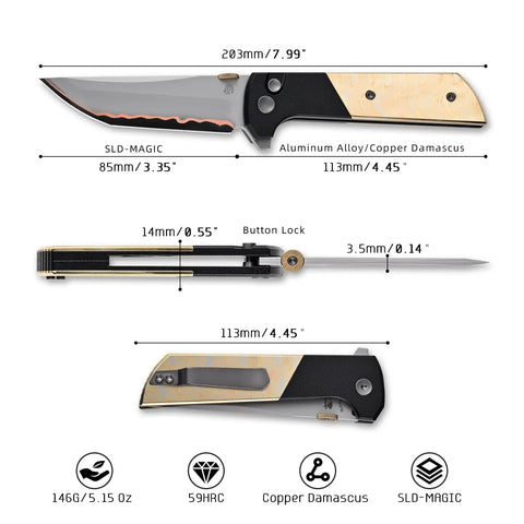 Diagram of Chop2 Folding Pocket Knife With 3.35 Inch Tanto SLD Steel Blade and Copper Layer Accents Aluminum Handle With Copper Damascus Patch