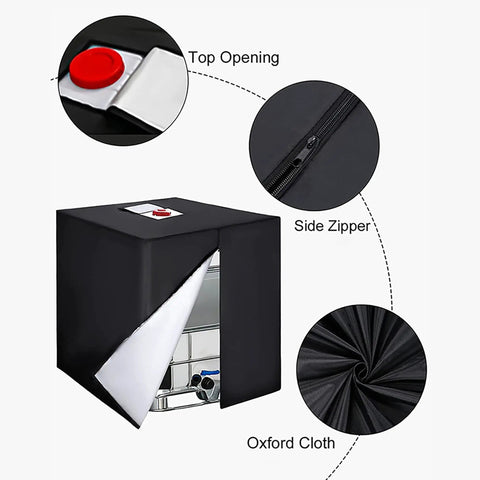 Heavy Duty Built Tough Oxford Fabric IBC Tote Tank Cover For 275 Gallon Totes, Dustproof Storage Shield With Reinforced Stitching, Keeps Your IBC Cleaner And Safer From Dirt, Scratches, Leaves, And Everyday Debris. Black Oxford cloth IBC tote cover with top opening and side zipper