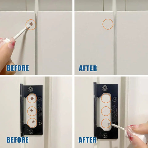 Multi Surface White Touch Up Paint Pen For Interior And Exterior Scratch Repair On Walls Doors Cabinets Wood And Furniture Water Based Low Odor No Mess Easy To Use 1.5 Fl Oz Perfect White Quick Coverage For Dings And Scratches shown in before and after use.