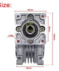 Front view of Beefy Nema 23 Stepper Worm Gear Reducer with 11mm input, 14mm output, dimensions and mounting holes visible.