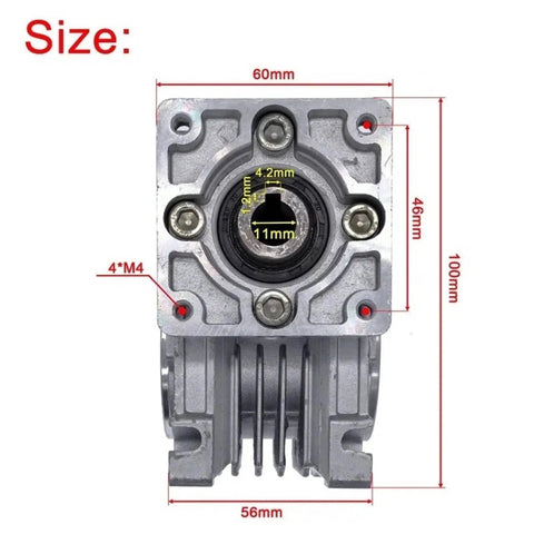 Front view of Beefy Nema 23 Stepper Worm Gear Reducer with 11mm input, 14mm output, dimensions and mounting holes visible.