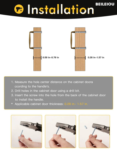 Installation guide for Antique Brass Zinc Alloy Cabinet Pulls with Three And Three Quarter Inch Hole Centers on cabinet doors.