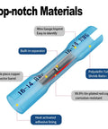 Close-up of blue 16-14 AWG heat shrink butt connector from 1500 Piece Heat Shrink Butt Connector Kit for Marine and Auto Wiring, DIY Ready, Includes 22-16, 16-14, 12-10, 26-24 AWG Sizes, Waterproof Insulated Crimp Wire Splices for Boats, Cars, RVs, Home and Industrial Electrical Projects, showing materials and key features labeled.