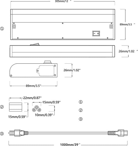 Technical diagram of Smart Under Cabinet Lighting Kit With Alexa And Google Control, Dimmable, 2 Bar 12 Inch LED Fixtures.
