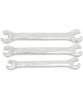 Three Piece Metric Flare Nut Wrench Set With Hex Head Design Perfect For Softer Nuts Chrome Vanadium Steel Build Bright Full Polish Finish Durable Automotive And Machinery Fastener Tools displayed