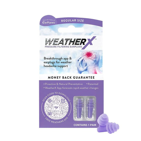 Headache Prevention Earplug With Pressure Filtering Tech For Barometric Weather Shifts Keeps You Chill And Focused Free Alert App Download Included Regular 1 Pack Purple All Day Comfort packaging