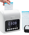 Foolproof Plug And Play Time Clock With Secure Passcode Lock For Small Business Featuring Auto Align Punch Machine Plus Fifty Ready To Go Cards And Zero Hassle Ink Ribbon For Stress Free Payroll with digital display and attendance cards.
