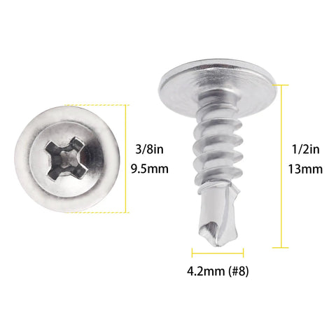 Heavy Duty 410 Stainless Steel Number Eight Half Inch Self Tapping Screws For Metal And Wood Two Hundred Fifty Piece Pack, size details