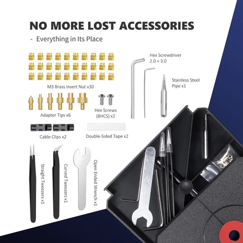 Accessories for Vertical Heat Set Insert Tool Press with 90W Soldering Iron, brass nuts, adapters, and tools included.