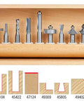Pro Level Gotta Have 10 Piece Router Bit Set Built For Legit Woodworkers Featuring Heavy Duty Flush Trim And Plunge Template Guides For Crisp Straight Cuts in a wooden case with profiling bits.