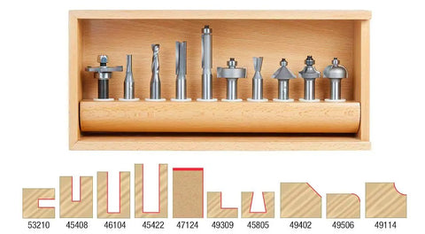 Pro Level Gotta Have 10 Piece Router Bit Set Built For Legit Woodworkers Featuring Heavy Duty Flush Trim And Plunge Template Guides For Crisp Straight Cuts in a wooden case with profiling bits.