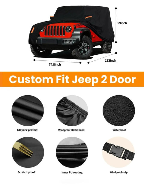 Jeep Wrangler 2 Door Waterproof Car Cover Highly Adjustable All Weather Outdoor Protection With Driver Door Zipper Custom Fit