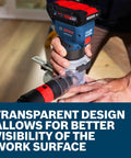 Edge Routing Dust Extraction Hood For Colt Palm Routers RA1132 in use with transparent design improving visibility