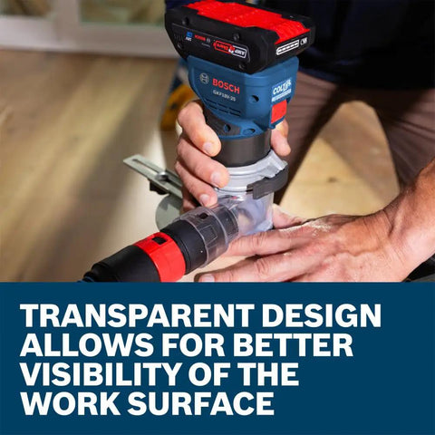 Edge Routing Dust Extraction Hood For Colt Palm Routers RA1132 in use with transparent design improving visibility