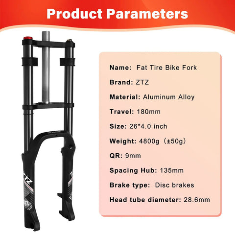 Fat Tire Front Fork With Oil Spring Suspension, 180mm Travel, 26x4.0 Fat Bike Fork For Ebikes, Double Crown, 9mm QR, 135mm Hub