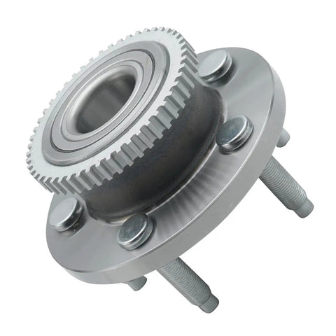 Two Piece Front Wheel Bearing Hub Assembly Replacement Fits 2005 Through 2014 Ford Mustang 5 Lug Setup Abs Tone Ring Ready with silver finish.