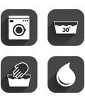 Laundry care symbols, including washing machine, 30-degree wash, hand wash, and water droplet icons on black squares.