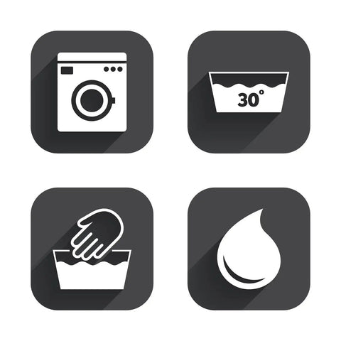 Laundry care symbols, including washing machine, 30-degree wash, hand wash, and water droplet icons on black squares.