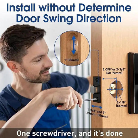 Hella Secure Electronic Deadbolt Featuring Slick Illuminated Touchscreen Keypad install guide showing measurements and screwdriver.