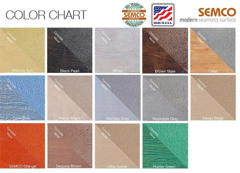 Color chart showing various shades of SEMCO coatings like Arizona Sun and Black Pearl, suitable for multiple surfaces.