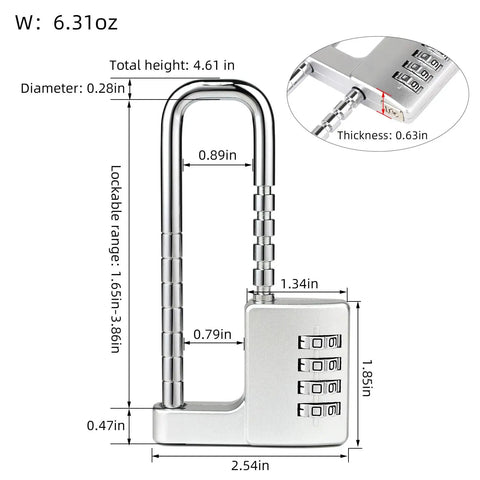 Adjustable 4-Digit Combination Cabinet Lock Padlock with size details and keyless U-shaped handle for gym school fences drawers.