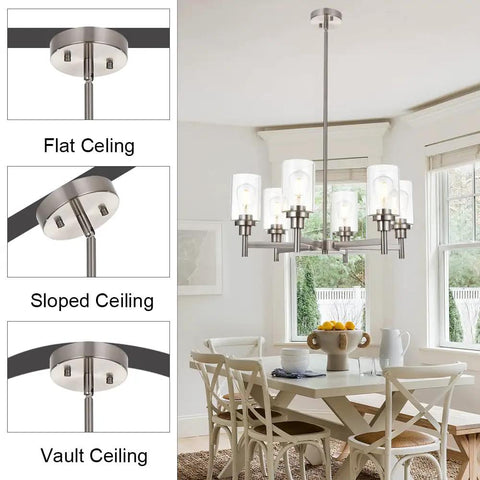 Six Light Contemporary Brushed Nickel Chandelier With Clear Glass Cylinder Shades Modern Pendant Lighting Fixture in dining room