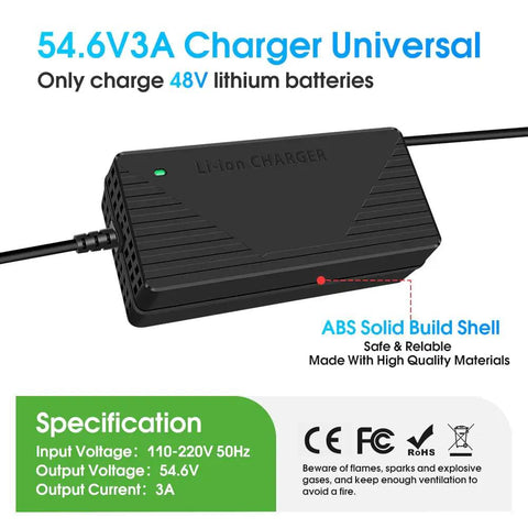Fast Lane 54.6V 48V Battery Charger With 3A And 5A Settings For Quick Top Off Of Rv Trailer And Marine Packs, black ABS casing.