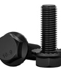 M8 X 25 MM Flanged Hex Head Bolts 10.9 Grade alloy steel with black zinc plating, showing hex head and threaded body.