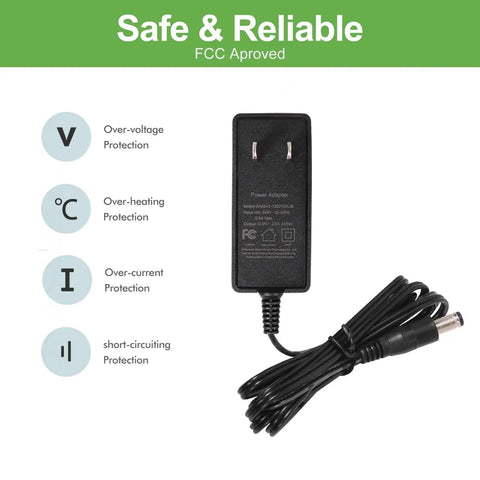 12V 2A Power Supply AC Adapter Two Pack 24W DC Converter for LED Strip Lights CCTV Cameras Monitors Breast Pumps with 5.5mm by 2.1mm Plug FCC Certified Universal 100-240V AC Input shown with protection features.