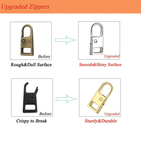 8 Pack Zipper Pull Replacement Set With Detachable Tabs In Gold And Brilliant Black for Easy Swaps, 1 Inch Zinc Alloy Pulls comparison
