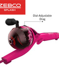 Close-up of Kids Fishing Rod And Reel Combo, 29 Inch Floatable Spincast Set with 20 Size Reel, pink design, dial-adjustable drag