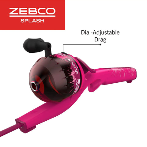 Close-up of Kids Fishing Rod And Reel Combo, 29 Inch Floatable Spincast Set with 20 Size Reel, pink design, dial-adjustable drag