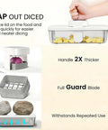 Front view of 8-in-1 vegetable chopper mandoline with container and 8 blades; white and gray kitchen gadget