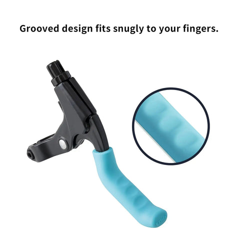Blue silicone brake lever cover on bike handle, close-up view, 2 Pairs Silicone Brake Lever Covers For Bikes, Anti Slip Grip Sleeves