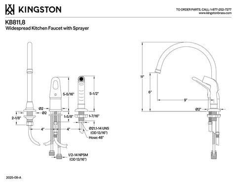 Technical diagram for Gooseneck Single-Handle Widespread Kitchen Faucet In Brushed Nickel, Swivel Spout, 3-Hole Install, 6-Inch Spout Clearance.
